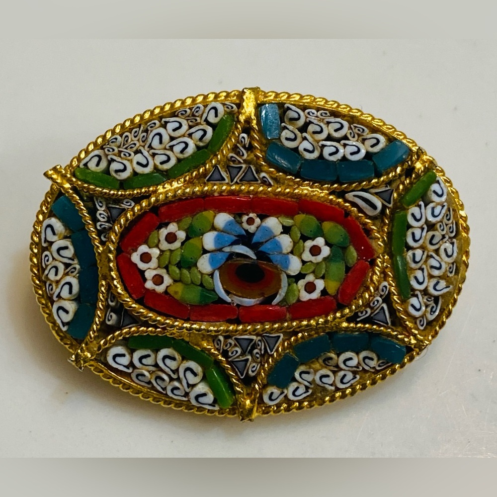 Antique 19th Century  Gold and Multicolor Mosaic Brooch Handmade